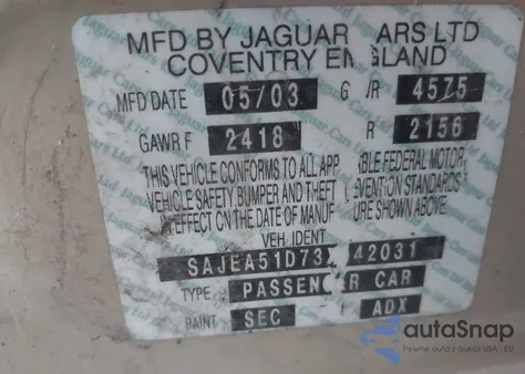 2003 Jaguar X-Type 2.5L Auto/2.5L Manual z USA, uszkodzony, nr VIN SAJEA51D73XD42031